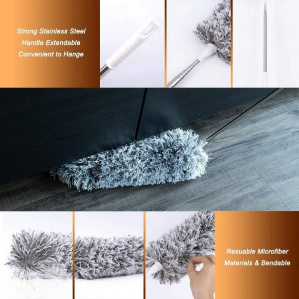 Microfiber Duster with Extension Pole (Stainless Steel) 30 to 100'', with Bendable Head, Extendable Long Duster for Cleaning Ceiling Fan, High Ceiling, Furniture, Cars