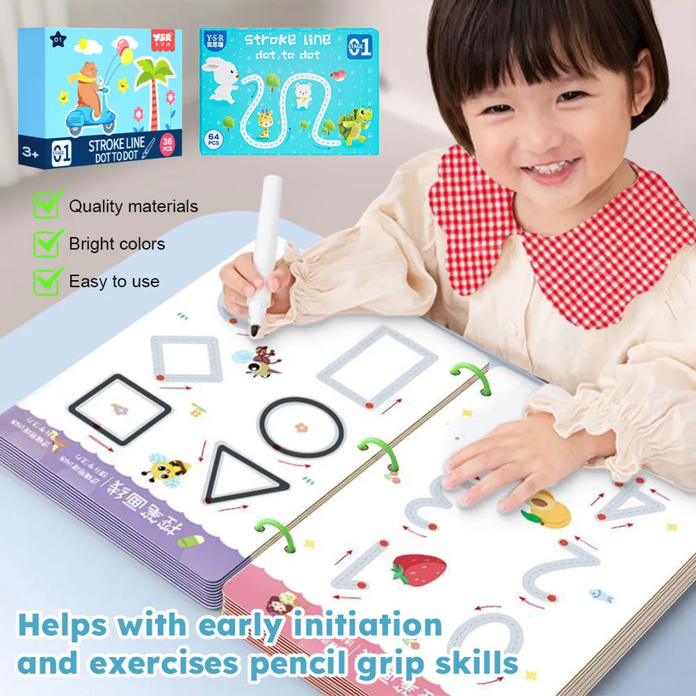 Reusable Tracing Workbook for kids 64 Pages | 2 Markers & Duster Included